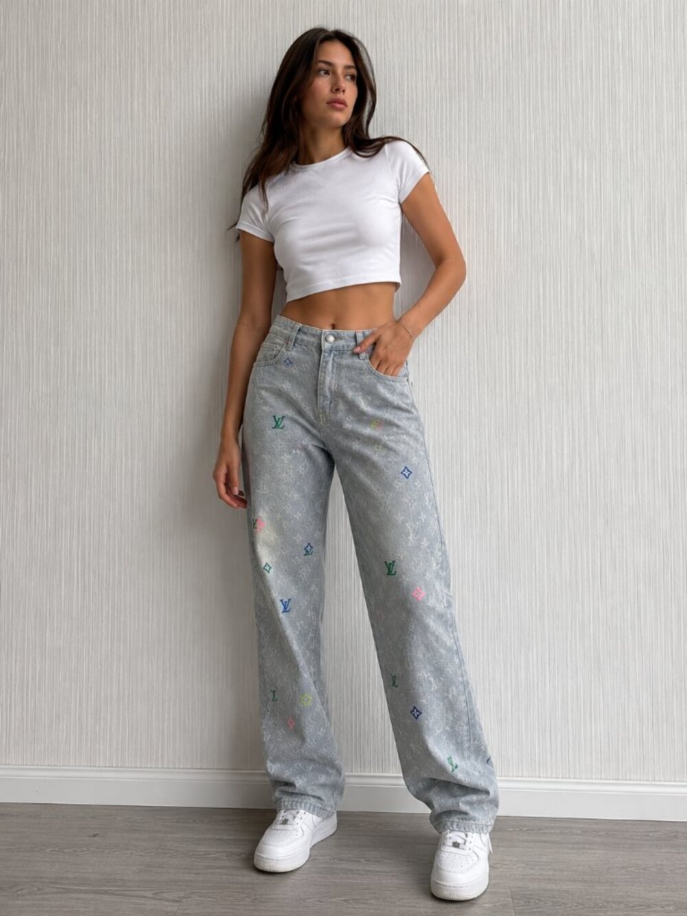 Monogram Jacquard Denim Jeans Multicolor Embroidered Logo Print Straight Leg 30